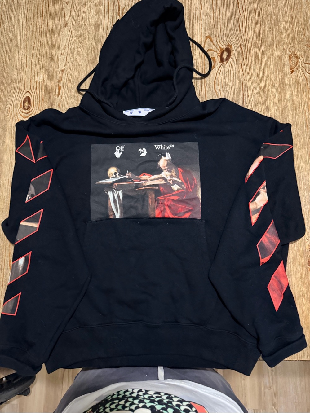Off-White Black Hoodie with Red Sleeve Chevron Prints